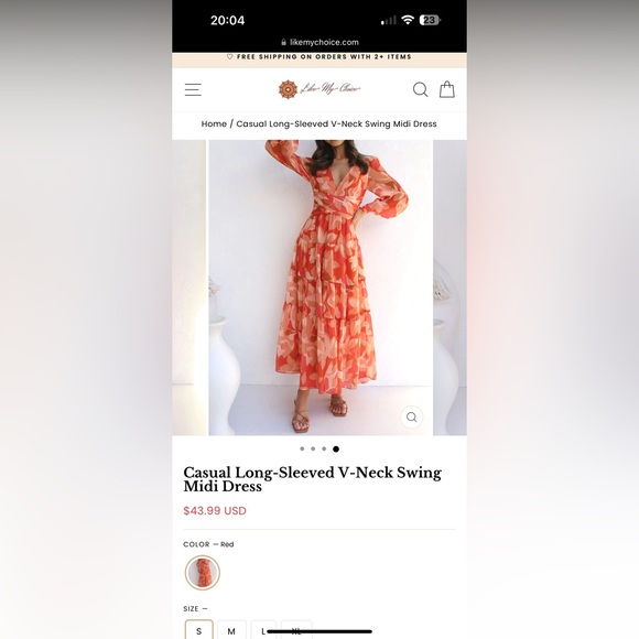 Long-Sleeved V-Neck Swing Midi Dress - Picture 4 of 4